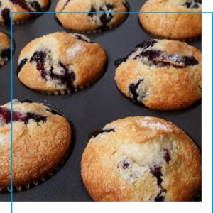 Fresh out of the oven blueberry muffins in a baking tin
